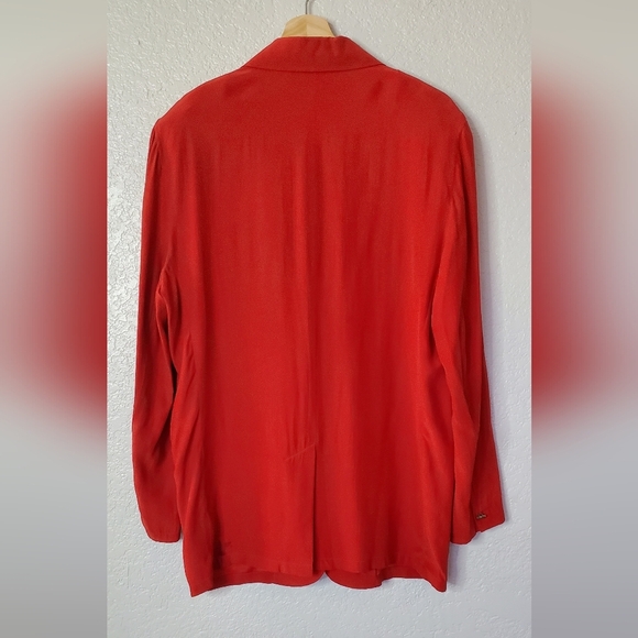 100% Silk Liz Claiborne Elegant Scarlet Red Women's Long Blazer Jacket Size 8 - Picture 5 of 8